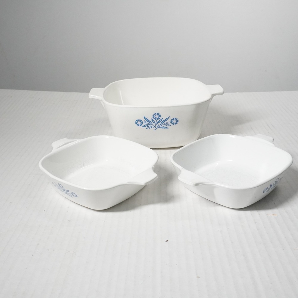 Corning Ware Casserole Dish Set 3pc White Blue Cornflower P-41 Petite Pan Set